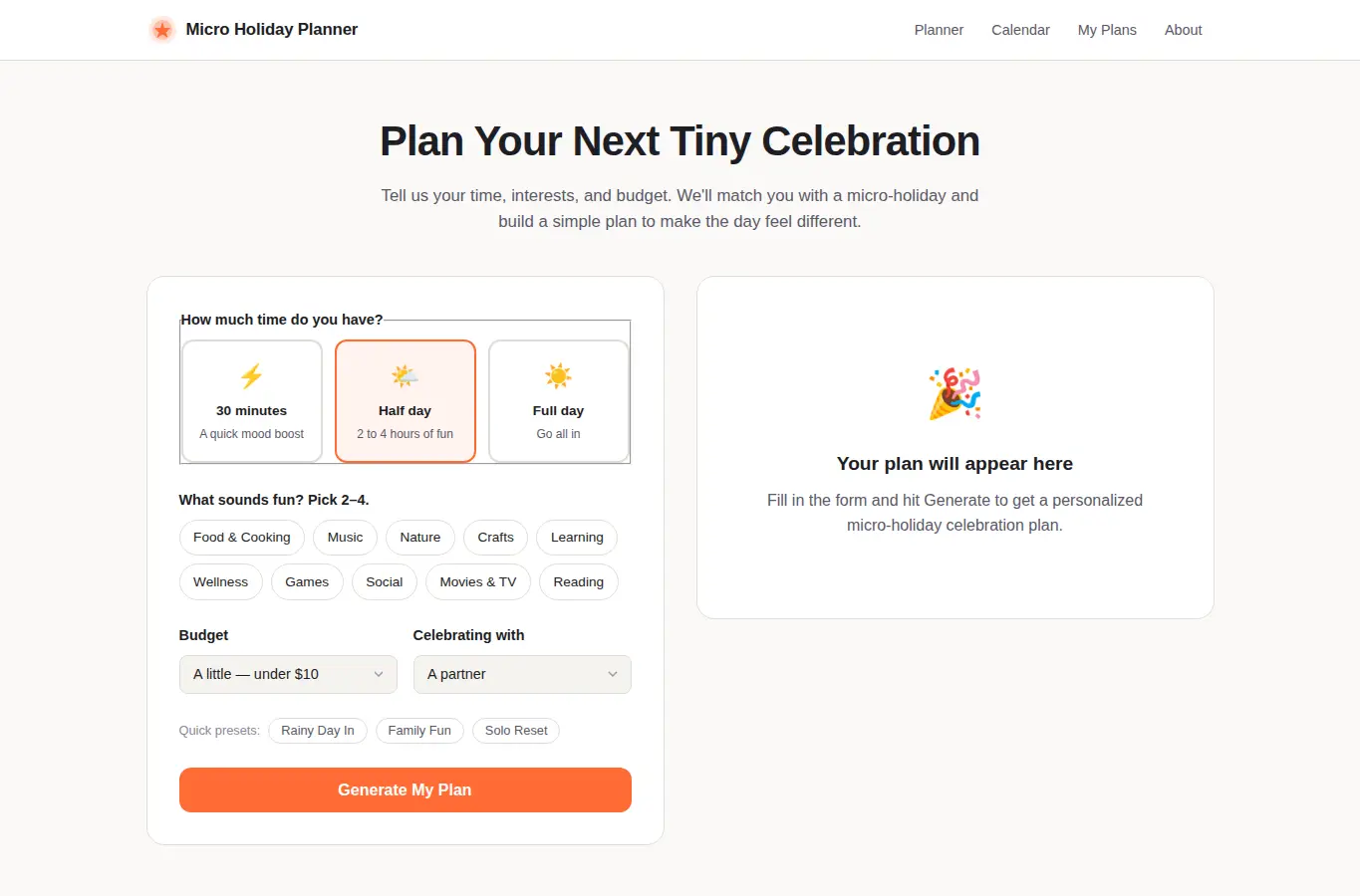 Screenshot of Micro Holiday Planner — Find a Reason to Celebrate Today interface showing the project page in use